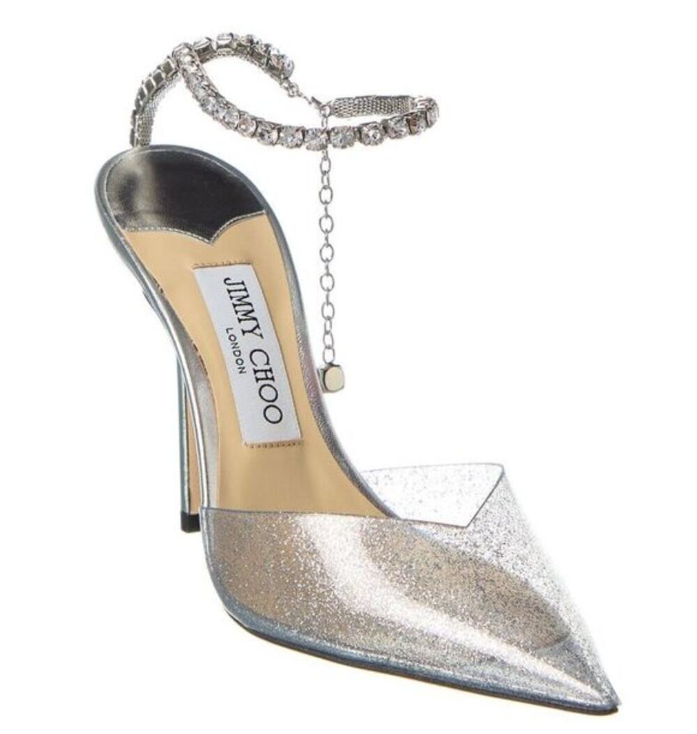 Jimmy Choo Saeda 100 Glitter Plexi Rhinestone Ankle Strap Pumps Silver 37.5/ 7.5
